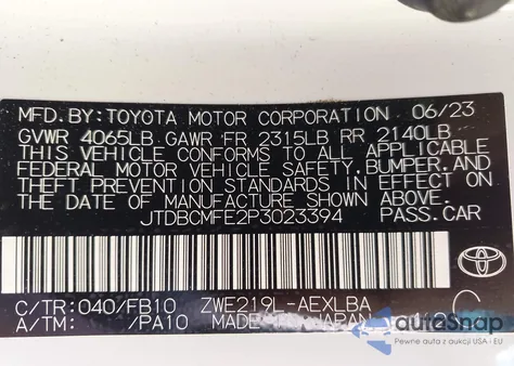 2023 Toyota Corolla Hybrid Le from USA, damaged, VIN JTDBCMFE2P3023394